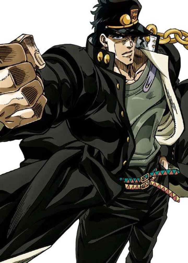 Jotaro Kujo from JoJo's Bizarre Adventure: Stardust Crusaders is standing with his arm out. 